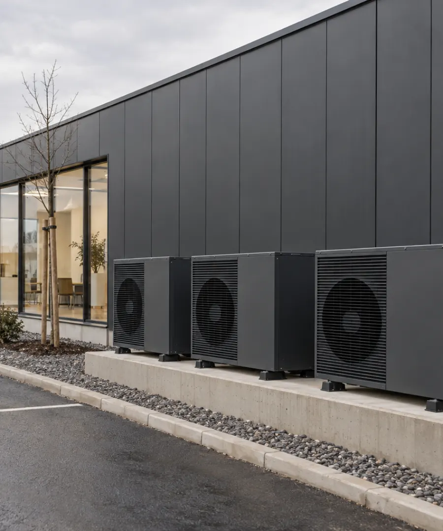 A small commercial building with three heat pump outdoor units along the wall