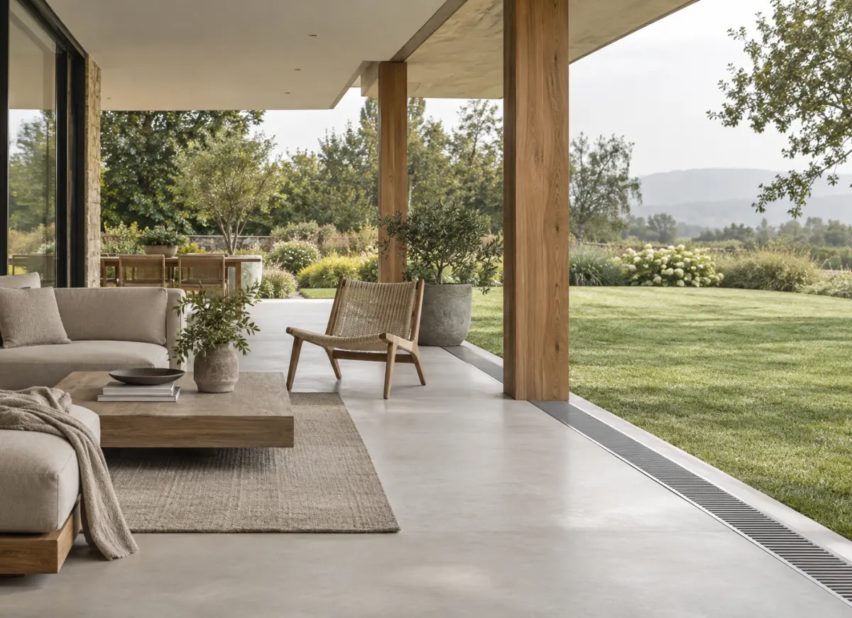 A covered terrace of a family house opening onto a garden