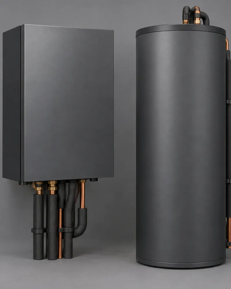 Indoor hydro unit next to a hot water cylinder