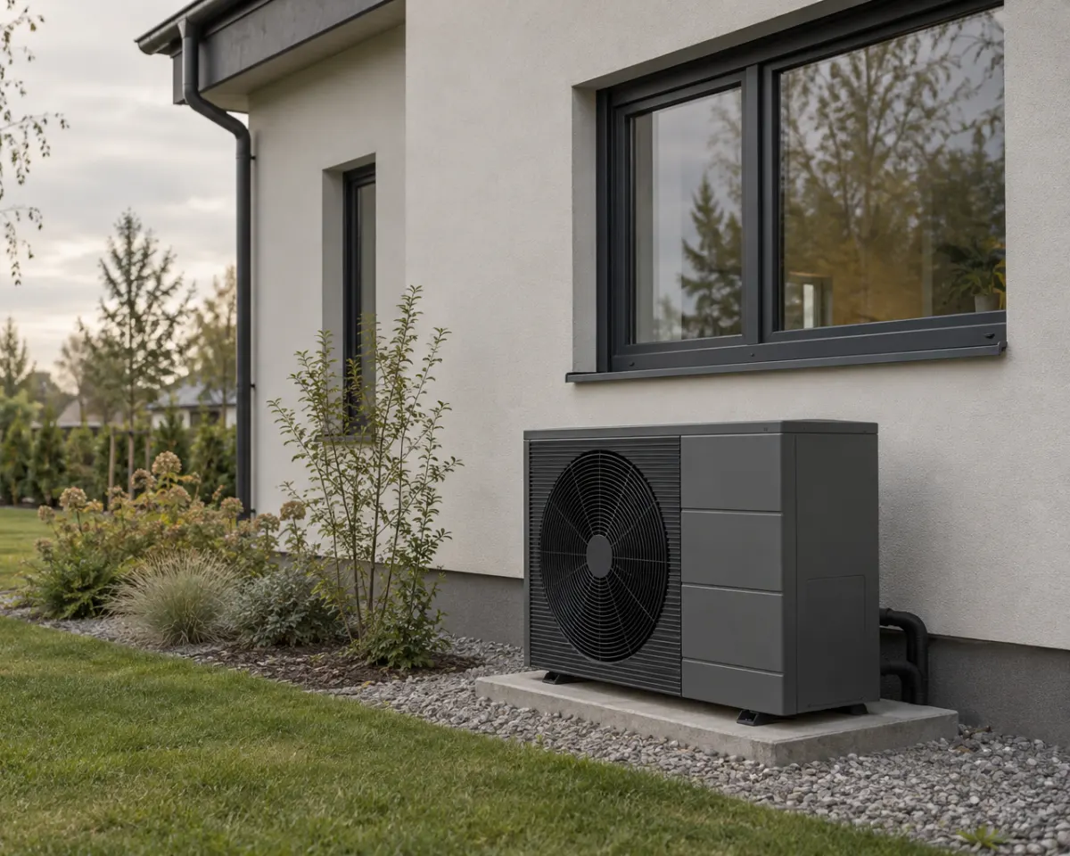 A new family house with a heat pump outdoor unit by the wall
