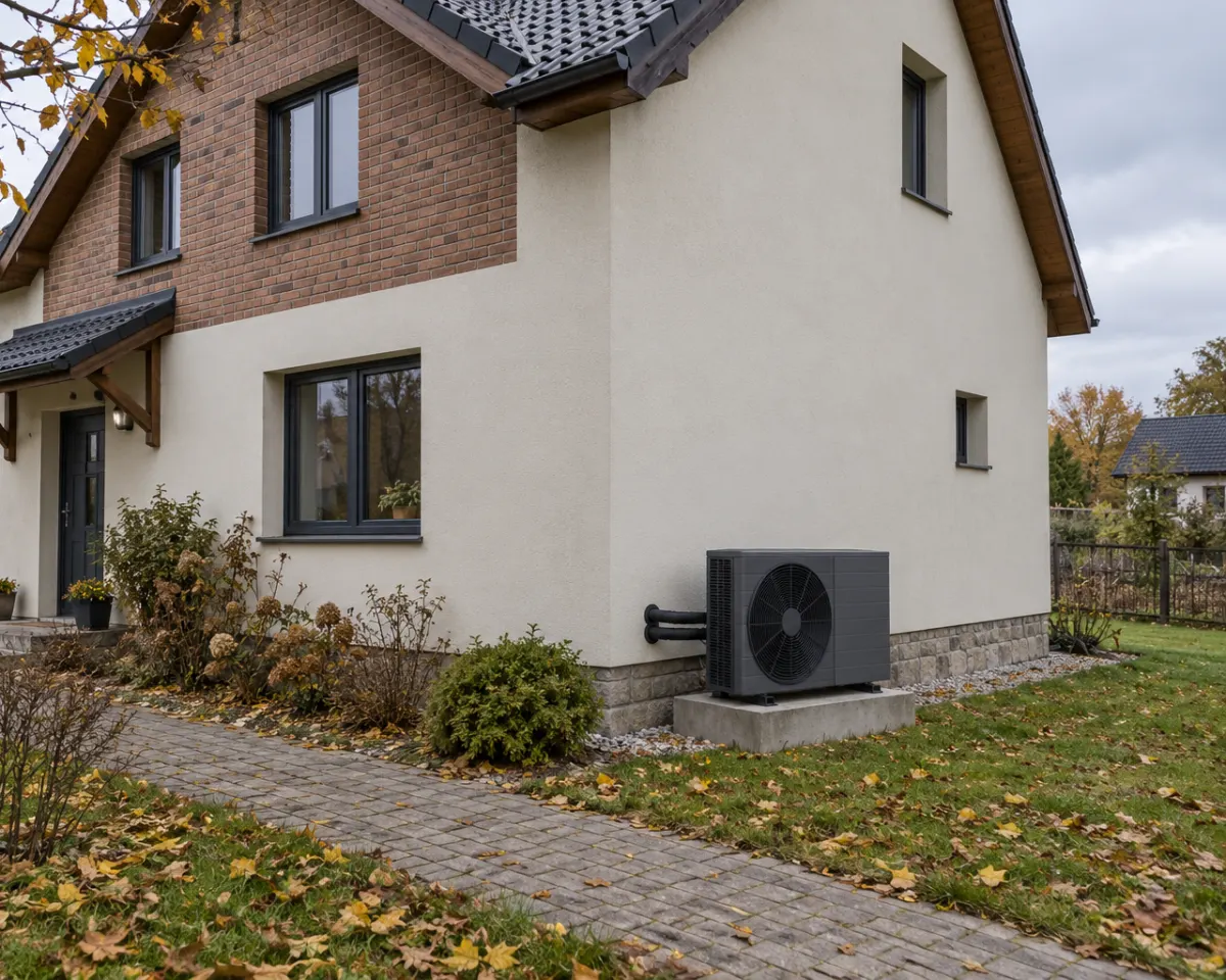 A renovated older house with a heat pump outdoor unit on the side wall