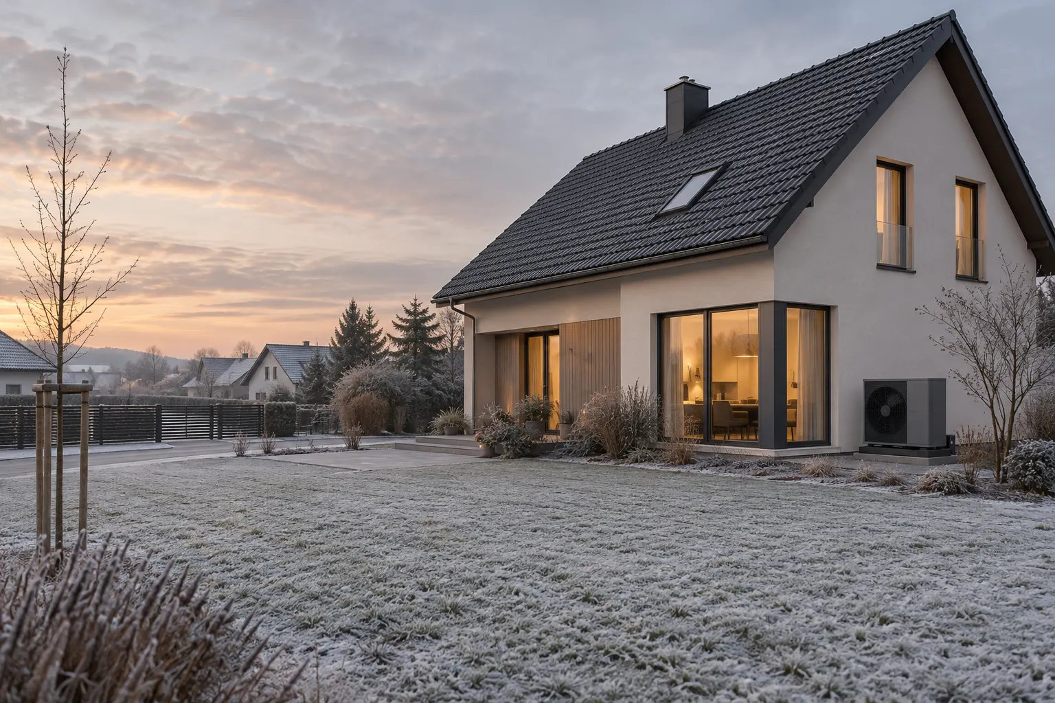 A family house on a frosty morning with a heat pump beside it